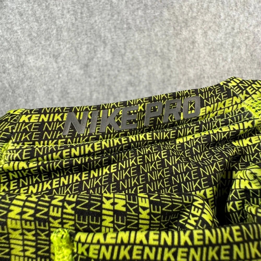 Nike Pro Kids Dri-FIT Compression Shirt Neon Yellow Black Logo Print Small S